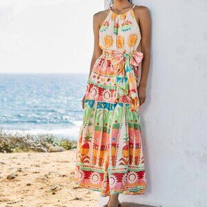 Rainbow Sunset Halter Neck Maxi Dress